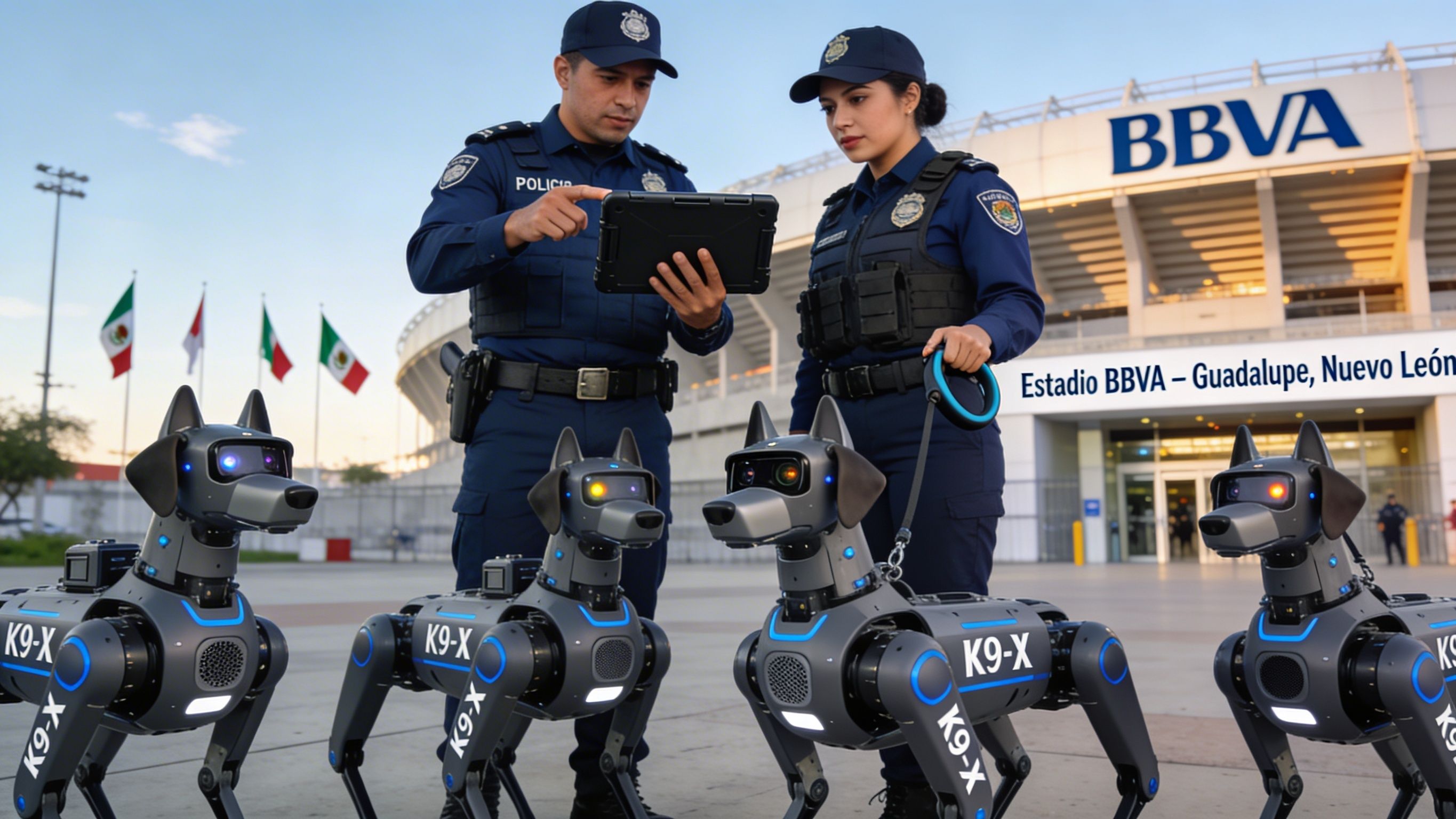 Cuatro perros robot patrullan el BBVA rumbo al Mundial 2026 para entrar antes que los policías Cuatro perros robot patrullan el BBVA rumbo al Mundial 2026 para entrar antes que los policías