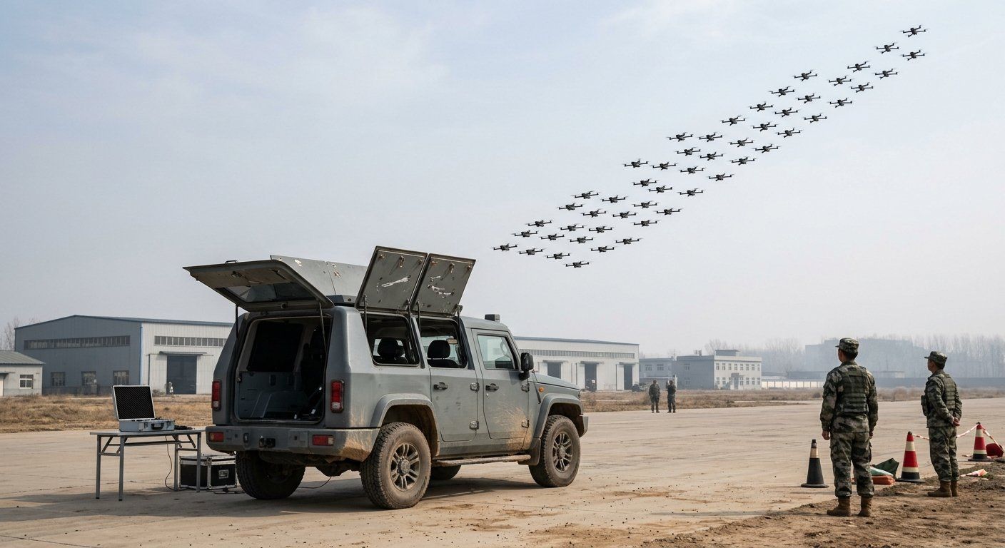 96 drones despegan cada 3 segundos y un solo operador puede lanzar toda la misión 96 drones despegan cada 3 segundos y un solo operador puede lanzar toda la misión
