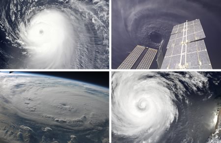 Cuatro imágenes de satélite de distintos huracanes.