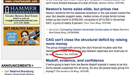 En rojo, enlace del Boston.com al Newton Tab, uno de los medios del grupo denunciante.