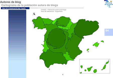 Cartograma de la blogosfera española, según a Encuesta sobre Equipamiento y Uso de Tecnologías de la Información y Comunicación en los hogares en España del INE.